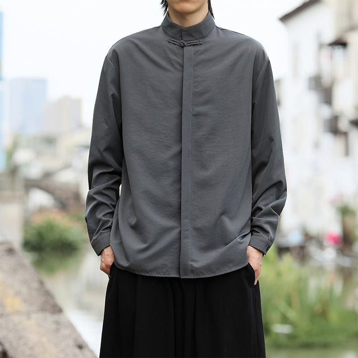 Buddha Stones無地 カエルボタン 長袖 コットン メンズシャツ - グレー - US/UK/AU46、 EU56 (5XL) - image 0