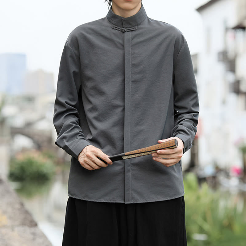 Buddha Stones無地 カエルボタン 長袖 コットン メンズシャツ - image 1