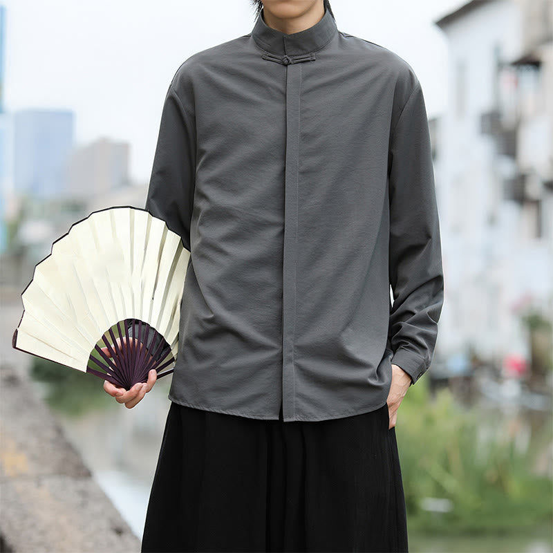 Buddha Stones無地 カエルボタン 長袖 コットン メンズシャツ - image 4