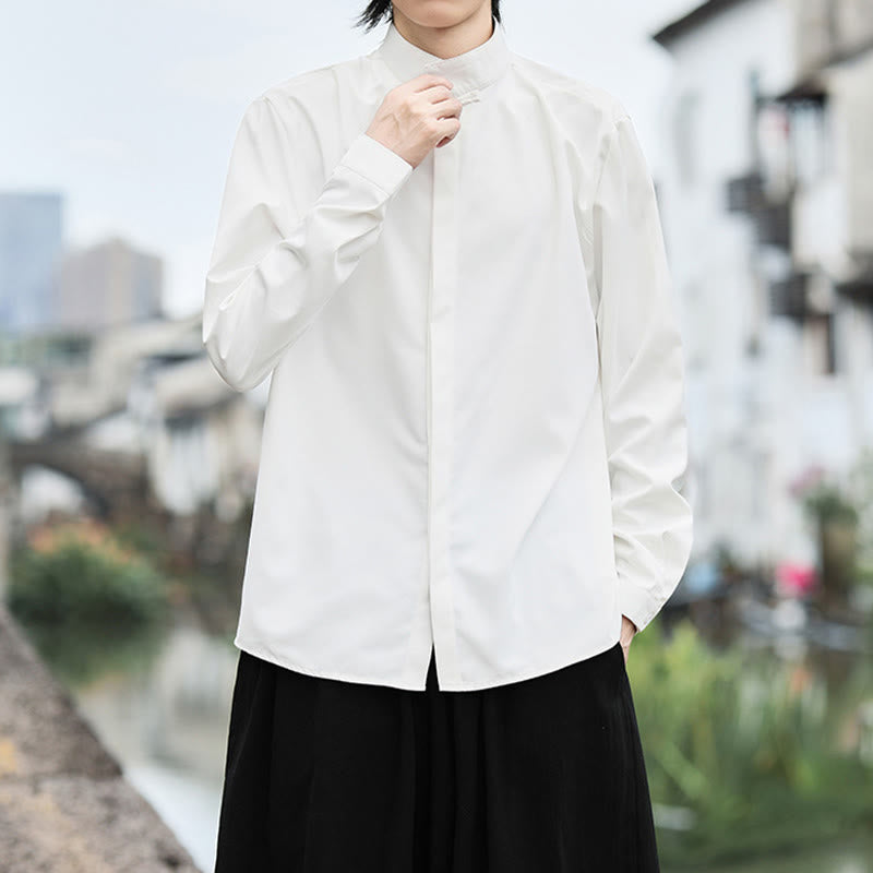 Buddha Stones無地 カエルボタン 長袖 コットン メンズシャツ - image 6