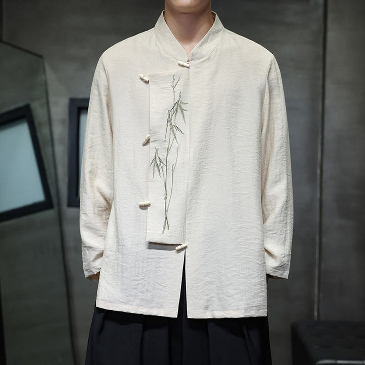 Buddha Stones秋 無地 竹の葉 刺繍 メンズ 長袖 コットン リネン シャツ - ベージュ - US/UK/AU46、 EU56 (5XL) - image 7