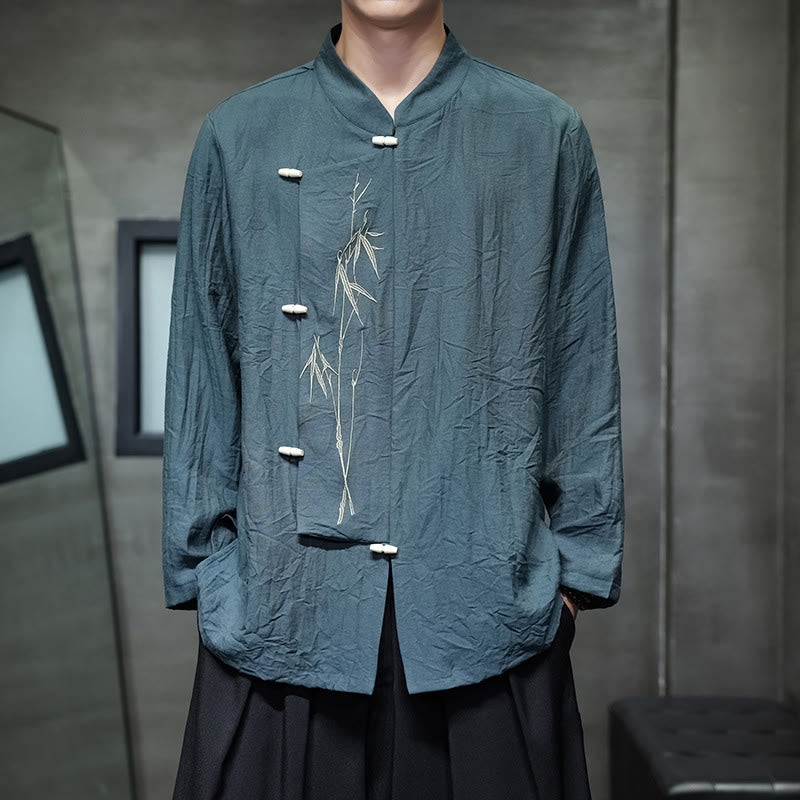 Buddha Stones秋 無地 竹の葉 刺繍 メンズ 長袖 コットン リネン シャツ - ティール - US/UK/AU46、 EU56 (5XL) - image 21