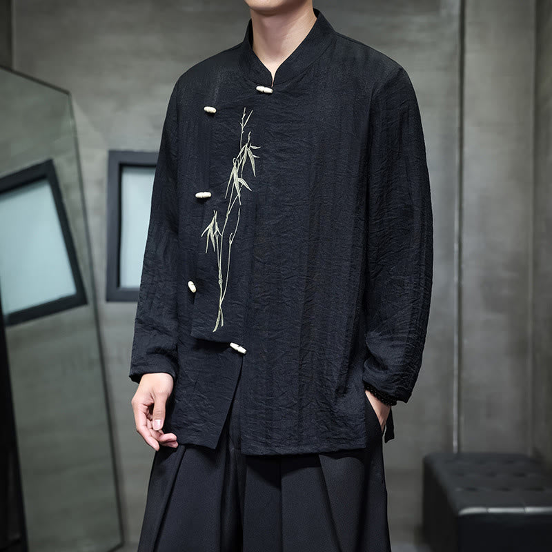 Buddha Stones秋 無地 竹の葉 刺繍 メンズ 長袖 コットン リネン シャツ - 黒 - US/UK/AU46、 EU56 (5XL) - image 16
