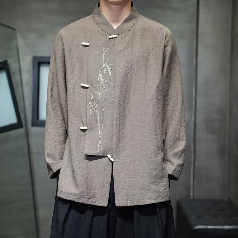 Buddha Stones秋 無地 竹の葉 刺繍 メンズ 長袖 コットン リネン シャツ - タン - US/UK/AU46、 EU56 (5XL) - image 0