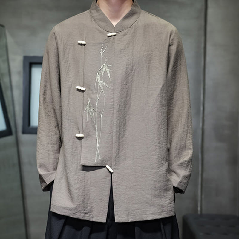 Buddha Stones秋 無地 竹の葉 刺繍 メンズ 長袖 コットン リネン シャツ - image 2