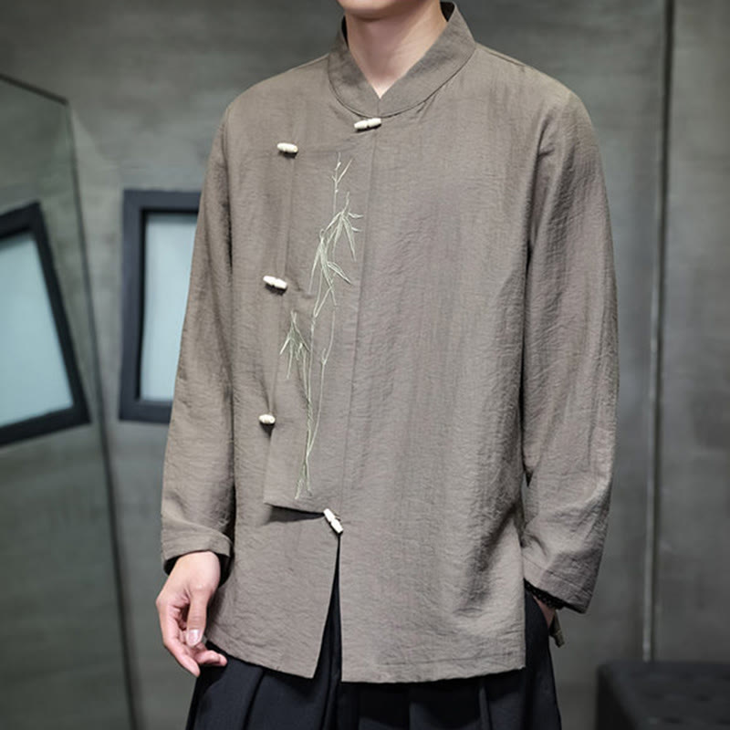 Buddha Stones秋 無地 竹の葉 刺繍 メンズ 長袖 コットン リネン シャツ - image 4