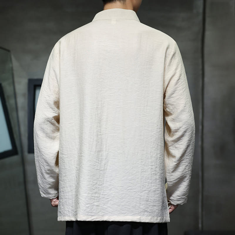 Buddha Stones秋 無地 竹の葉 刺繍 メンズ 長袖 コットン リネン シャツ - image 9