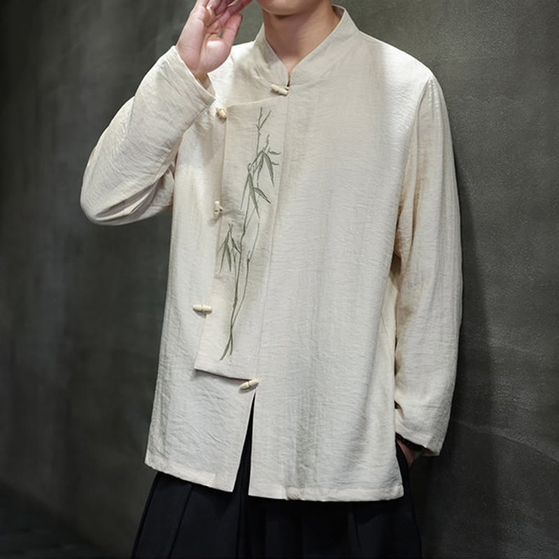 Buddha Stones秋 無地 竹の葉 刺繍 メンズ 長袖 コットン リネン シャツ - image 12
