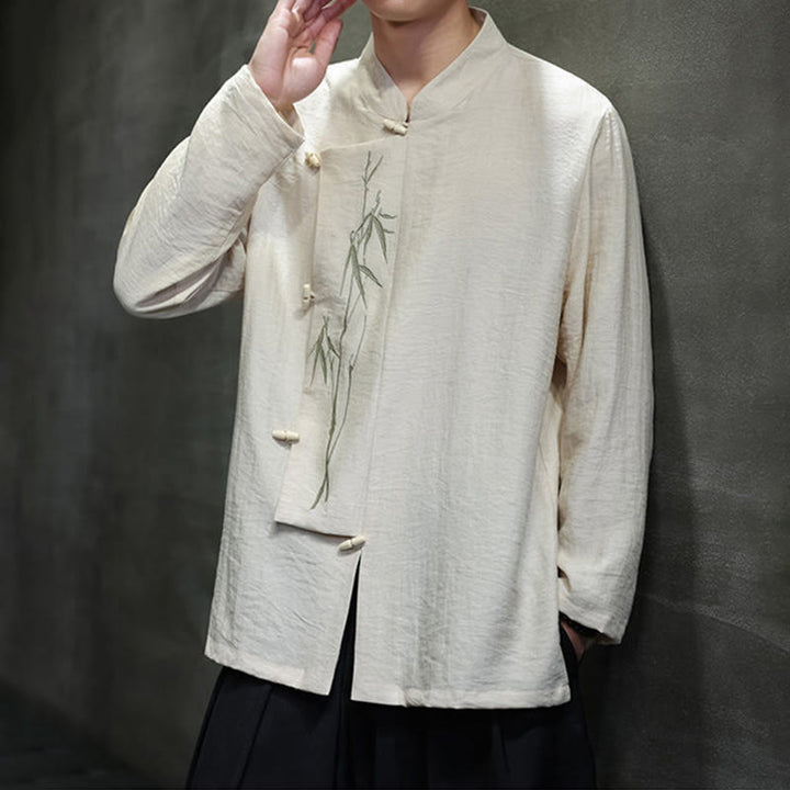 Buddha Stones秋 無地 竹の葉 刺繍 メンズ 長袖 コットン リネン シャツ - image 12