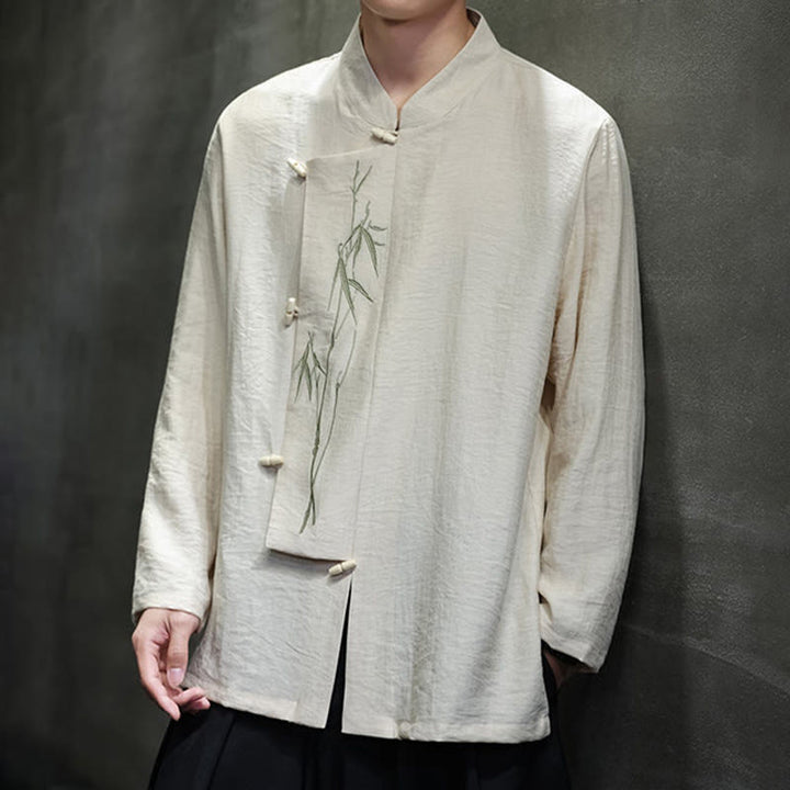 Buddha Stones秋 無地 竹の葉 刺繍 メンズ 長袖 コットン リネン シャツ - image 14