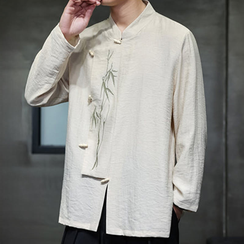 Buddha Stones秋 無地 竹の葉 刺繍 メンズ 長袖 コットン リネン シャツ - image 8