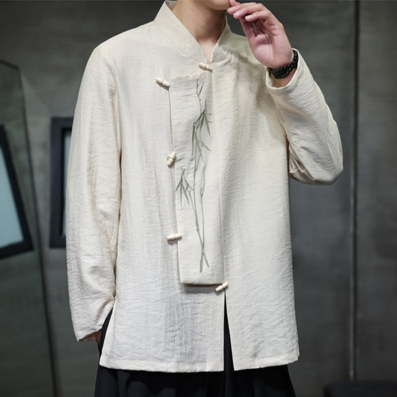 Buddha Stones秋 無地 竹の葉 刺繍 メンズ 長袖 コットン リネン シャツ - image 13