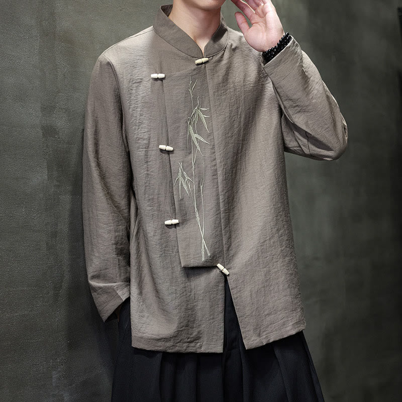 Buddha Stones秋 無地 竹の葉 刺繍 メンズ 長袖 コットン リネン シャツ - image 6