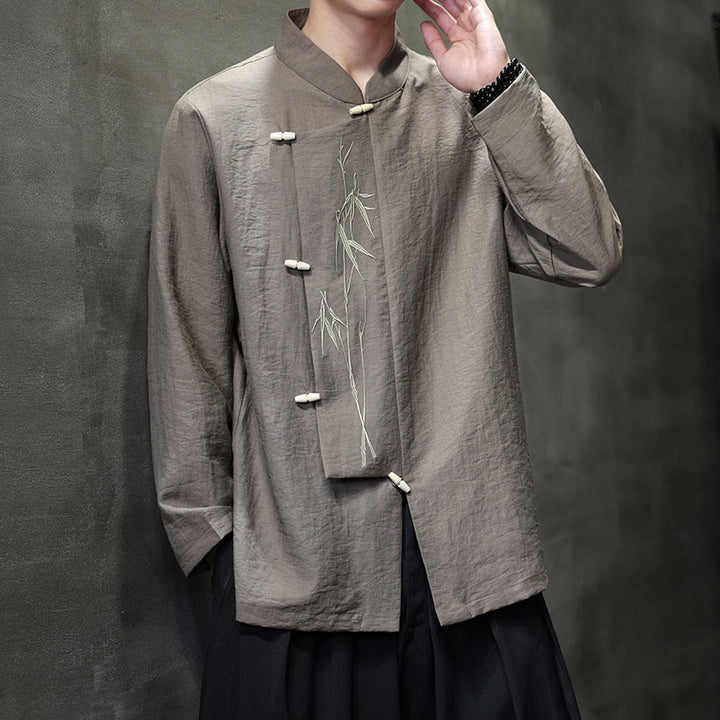 Buddha Stones秋 無地 竹の葉 刺繍 メンズ 長袖 コットン リネン シャツ - image 6
