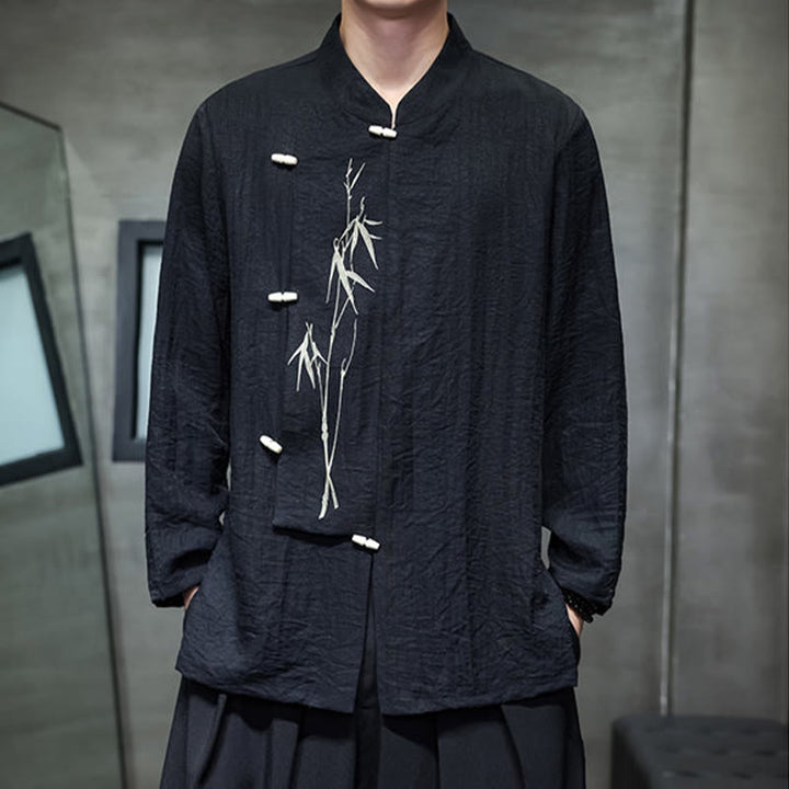 Buddha Stones秋 無地 竹の葉 刺繍 メンズ 長袖 コットン リネン シャツ - image 17