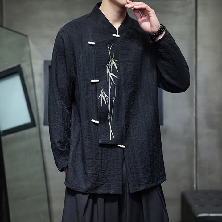 Buddha Stones秋 無地 竹の葉 刺繍 メンズ 長袖 コットン リネン シャツ - image 18