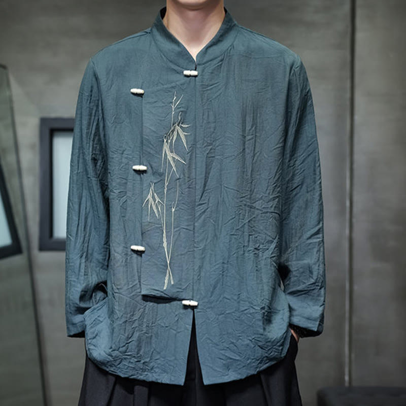 Buddha Stones秋 無地 竹の葉 刺繍 メンズ 長袖 コットン リネン シャツ - image 22