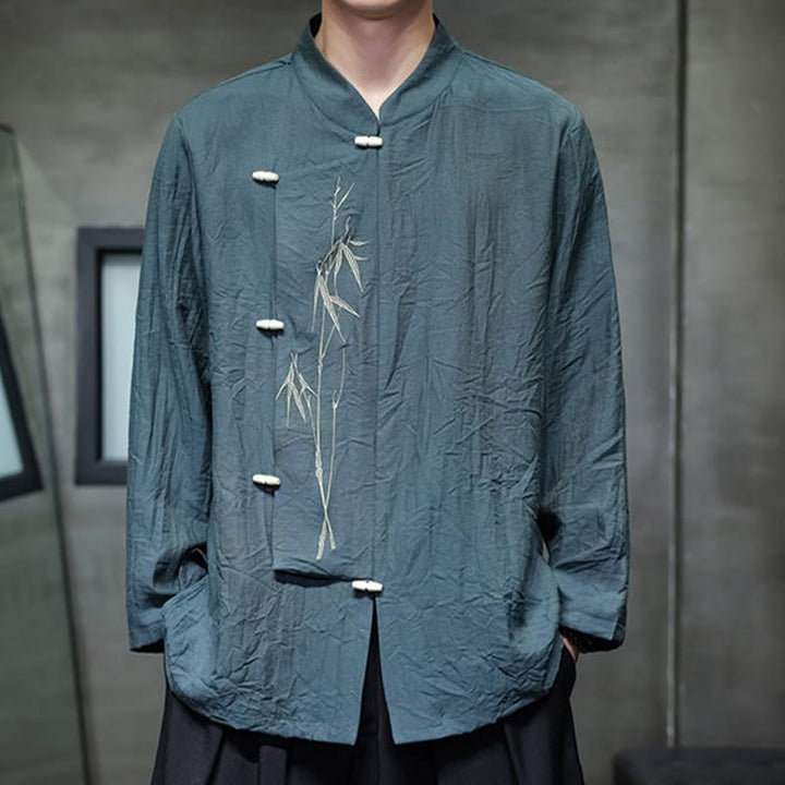 Buddha Stones秋 無地 竹の葉 刺繍 メンズ 長袖 コットン リネン シャツ - image 22