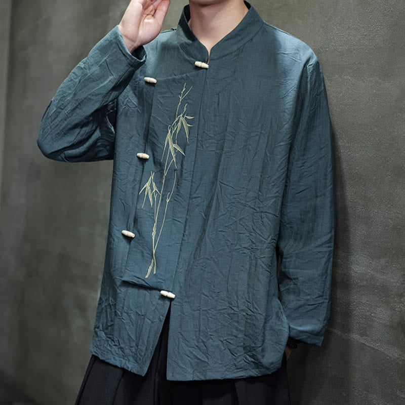 Buddha Stones秋 無地 竹の葉 刺繍 メンズ 長袖 コットン リネン シャツ - image 26