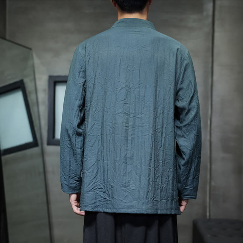 Buddha Stones秋 無地 竹の葉 刺繍 メンズ 長袖 コットン リネン シャツ - image 24