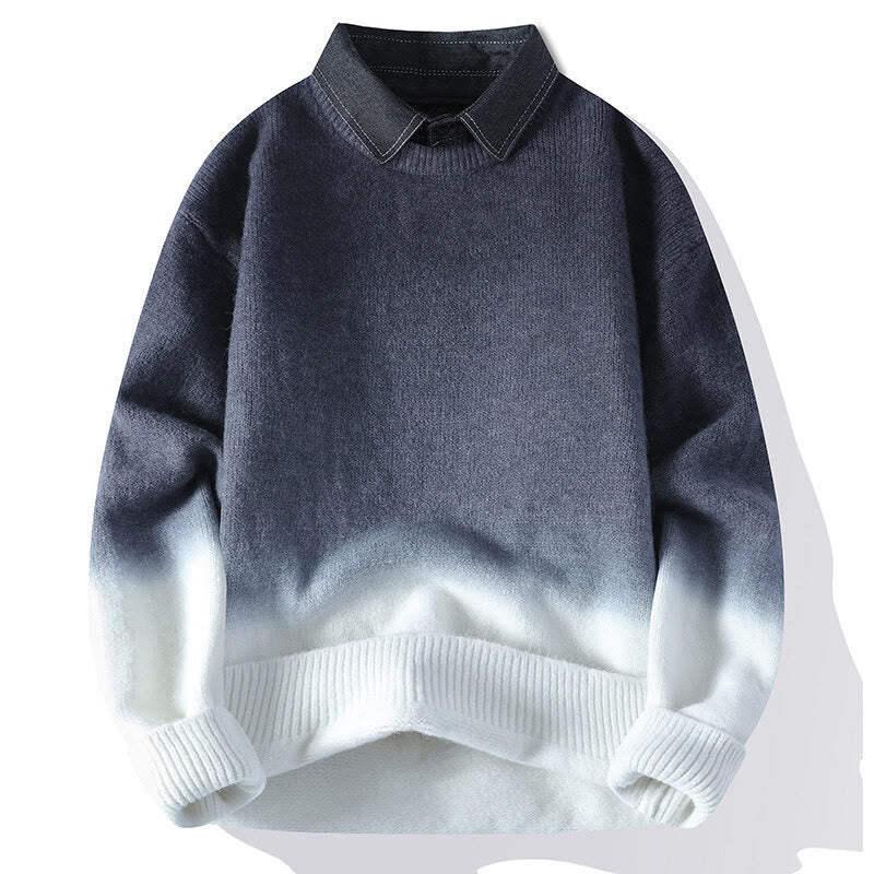 Buddha Stones冬 スタンドカラー グラデーションカラーデザイン 暖かい メンズ 長袖 ニットセーター - グレー - US/UK/AU44、 EU54 (4XL) - image 1