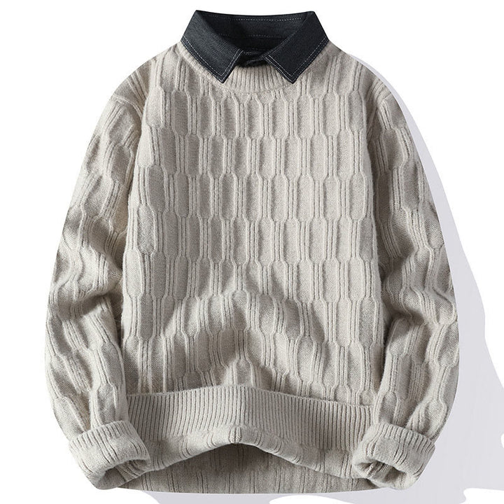 Buddha Stones冬用 ブラック スタンドカラー ラインデザイン 暖かい メンズ 長袖 ニットセーター - リネン - US/UK/AU44、 EU54 (4XL) - image 0