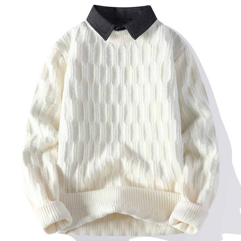 Buddha Stones冬用 ブラック スタンドカラー ラインデザイン 暖かい メンズ 長袖 ニットセーター - 白 - US/UK/AU44、 EU54 (4XL) - image 8