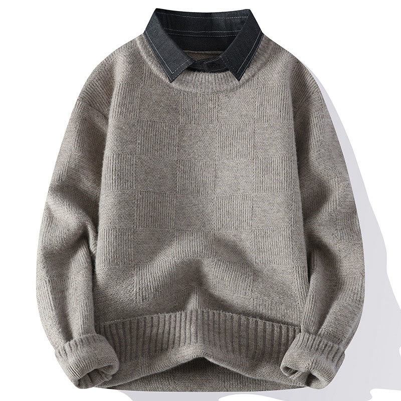 Buddha Stones冬用 ブラック スタンドカラー チェック柄 暖かい メンズ 長袖 ニットセーター - リネン - US/UK/AU44、 EU54 (4XL) - image 0