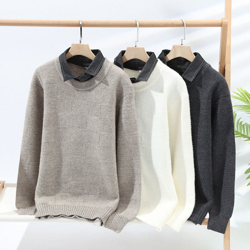 Buddha Stones冬用 ブラック スタンドカラー チェック柄 暖かい メンズ 長袖 ニットセーター - image 6