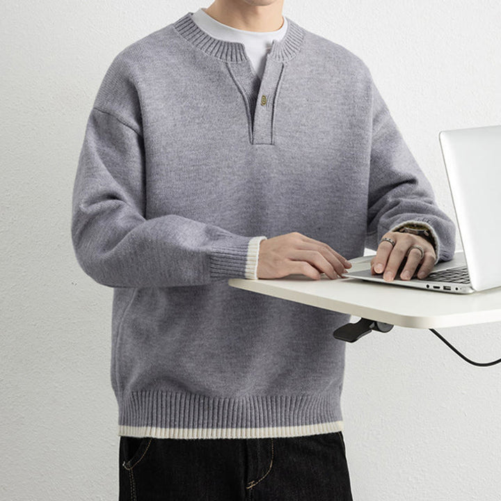 Buddha Stones冬用 Vネック ワンボタンデザイン 暖かい メンズ 長袖 ニットセーター - image 5