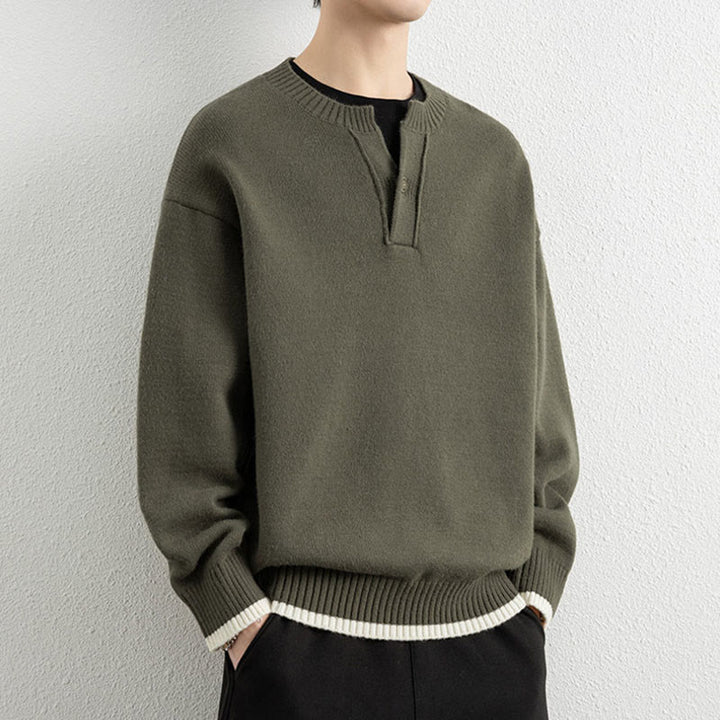 Buddha Stones冬用 Vネック ワンボタンデザイン 暖かい メンズ 長袖 ニットセーター - image 25