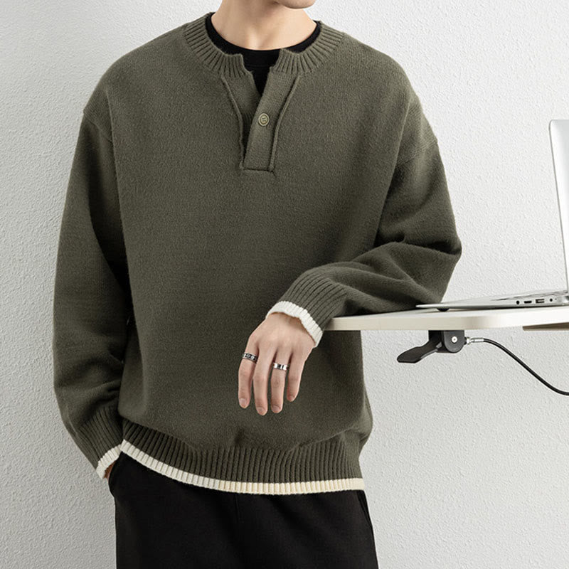 Buddha Stones冬用 Vネック ワンボタンデザイン 暖かい メンズ 長袖 ニットセーター - image 30