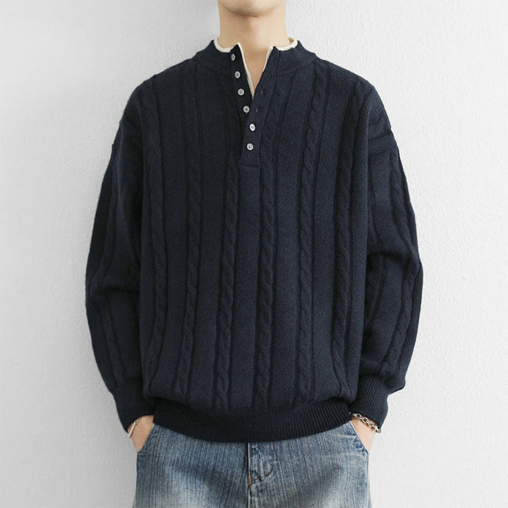 Buddha Stones冬用 Vネック ボタン ツイストデザイン 暖かい メンズ 長袖 ニットセーター - ミッドナイトブルー - US/UK/AU44、 EU54 (4XL) - image 0