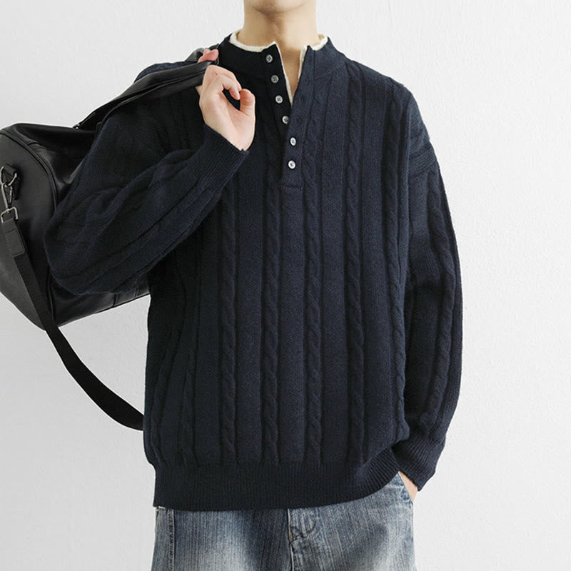 Buddha Stones冬用 Vネック ボタン ツイストデザイン 暖かい メンズ 長袖 ニットセーター - image 3