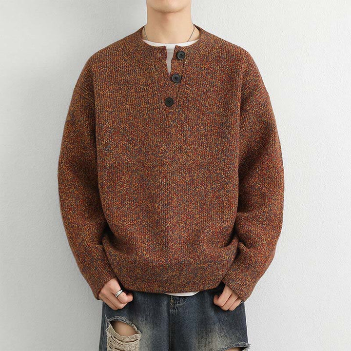 Buddha Stones冬用 Vネック ボタン リブデザイン 暖かい メンズ 長袖 ニットセーター - チョコレート - US/UK/AU42、 EU52 (3XL) - image 0