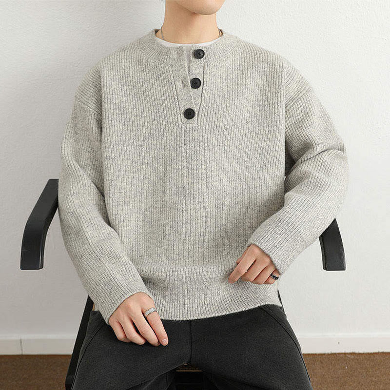 Buddha Stones冬用 Vネック ボタン リブデザイン 暖かい メンズ 長袖 ニットセーター - image 11