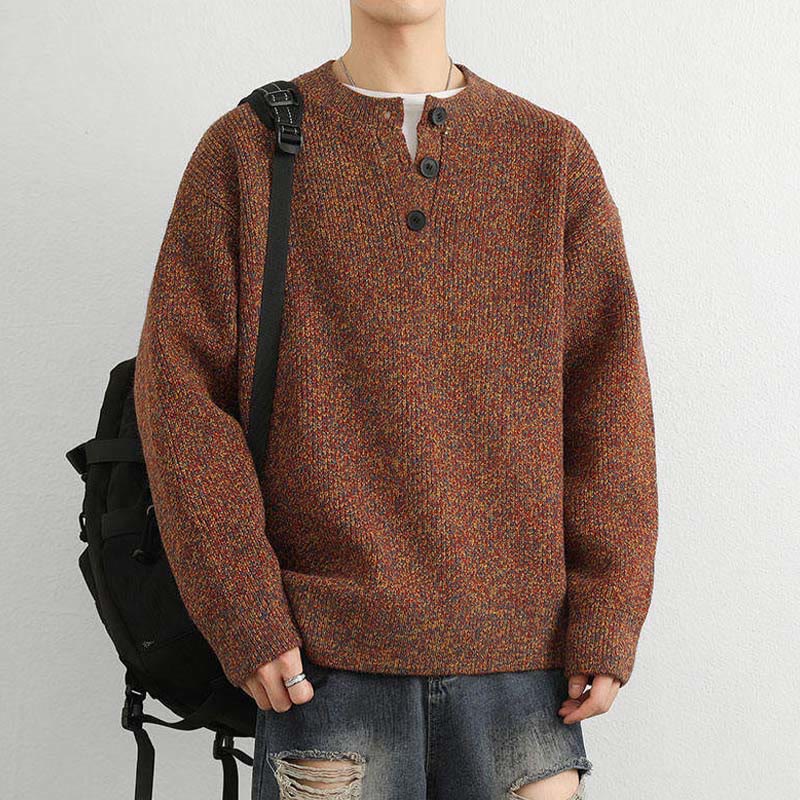 Buddha Stones冬用 Vネック ボタン リブデザイン 暖かい メンズ 長袖 ニットセーター - image 4