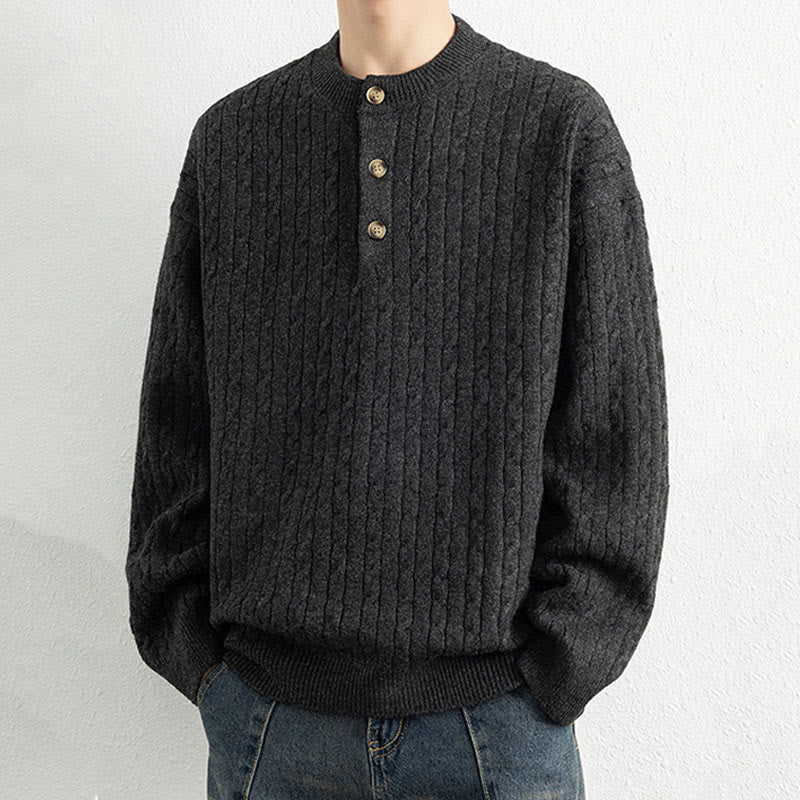 Buddha Stones冬用クルーネック 3つボタン ツイストデザイン 暖かい メンズ 長袖 ニットセーター - image 16