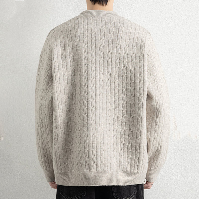 Buddha Stones冬用クルーネック 3つボタン ツイストデザイン 暖かい メンズ 長袖 ニットセーター - image 2