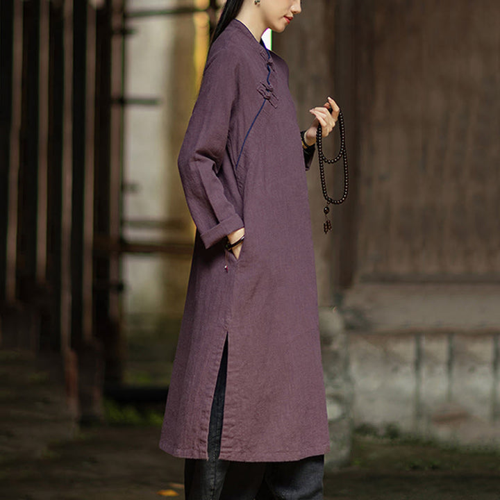 Buddha Stones無地フロッグボタン 長袖 ラミーリネン ミディドレス チャイナドレス ポケット付き - image 17