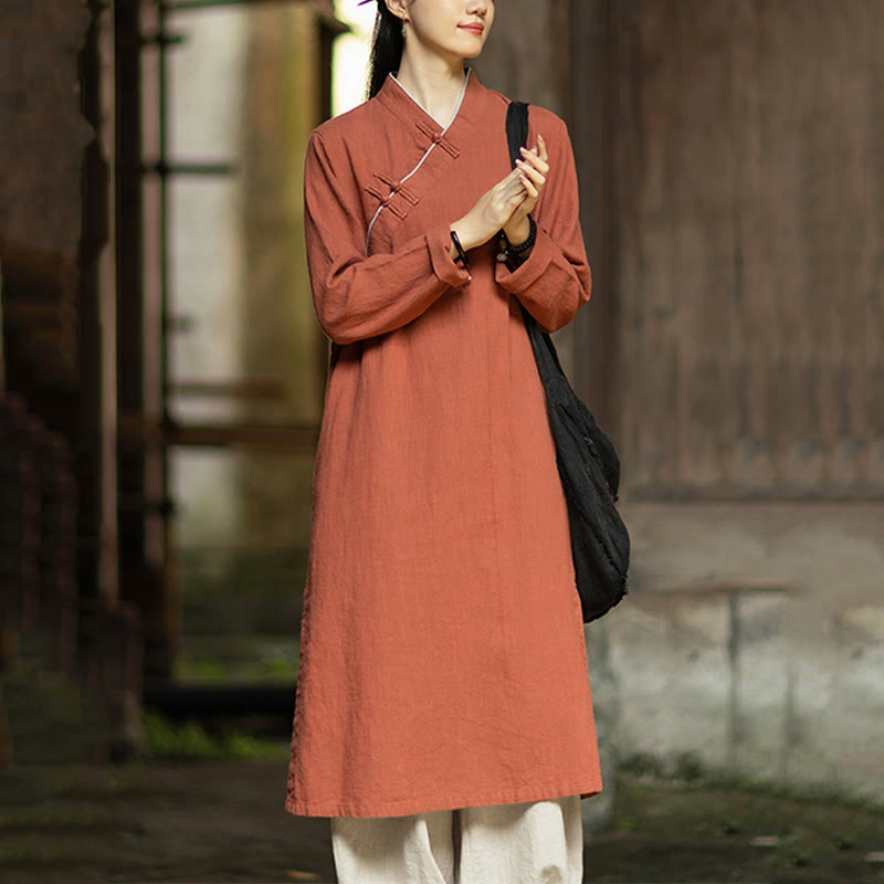 Buddha Stones無地フロッグボタン 長袖 ラミーリネン ミディドレス チャイナドレス ポケット付き - image 3