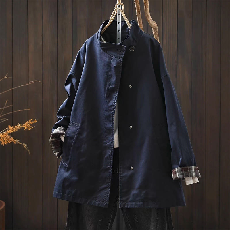 Buddha Stones秋ボタン 長袖 ミドル丈 コットン レディース ジャケット ポケット付き - スティールブルー - US4-6、 UK/AU8-10、 EU36-38 (F) - image 0