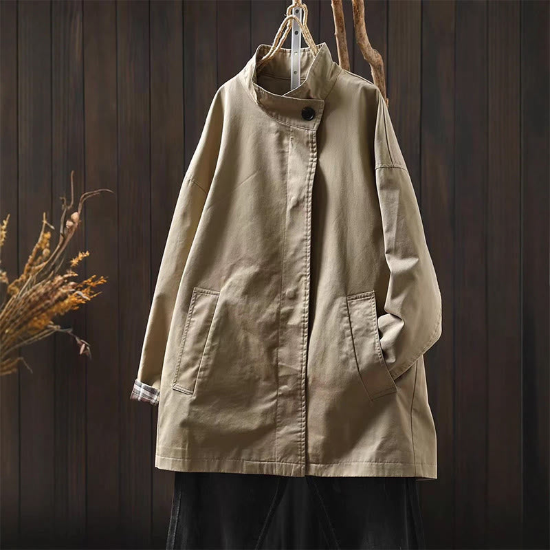 Buddha Stones秋ボタン 長袖 ミドル丈 コットン レディース ジャケット ポケット付き - 小麦 - US4-6、 UK/AU8-10、 EU36-38 (F) - image 2