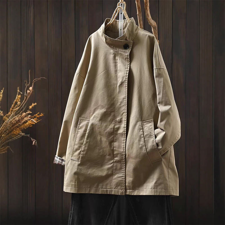 Buddha Stones秋ボタン 長袖 ミドル丈 コットン レディース ジャケット ポケット付き - 小麦 - US4-6、 UK/AU8-10、 EU36-38 (F) - image 2