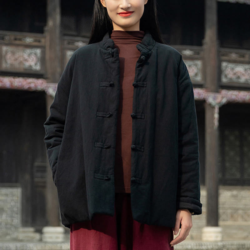 Buddha Stones冬用 無地 フロッグボタン 長袖 コットン レディース サーマルジャケット ポケット付き - 黒 - US4-6、 UK/AU8-10、 EU36-38 (F) - image 11