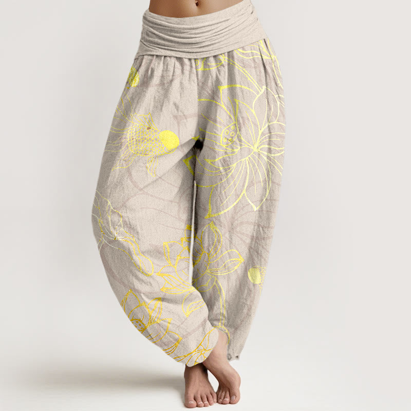 Buddha Stones純綿 蓮の葉 鯉 レディース 伸縮性ウエスト ハーレムパンツ - ベージュ - US22、 UK/AU26、 EU54 (6XL) - image 8