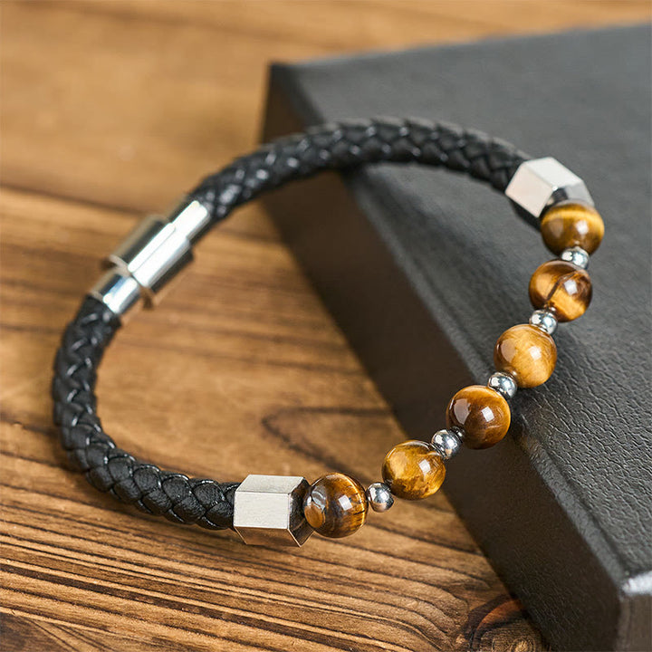 Buddha Stonesタイガーアイ チタンスチール 勇気 バランス レザーブレスレット - タイガーアイ（手首周り：18～19cm） - image 0