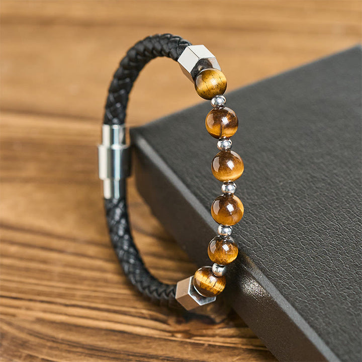 Buddha Stonesタイガーアイ チタンスチール 勇気 バランス レザーブレスレット - image 1