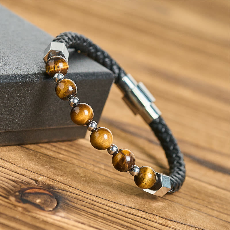 Buddha Stonesタイガーアイ チタンスチール 勇気 バランス レザーブレスレット - image 3