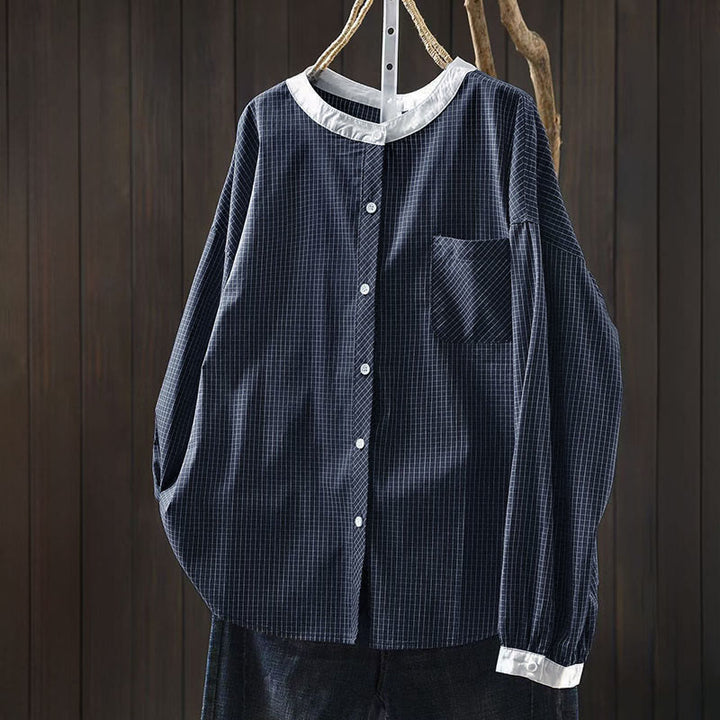 Buddha Stonesチェック柄 コントラストボタンダウン 長袖 レディース コットンシャツ - スティールブルー - US4-6、 UK/AU8-10、 EU36-38 (F) - image 0